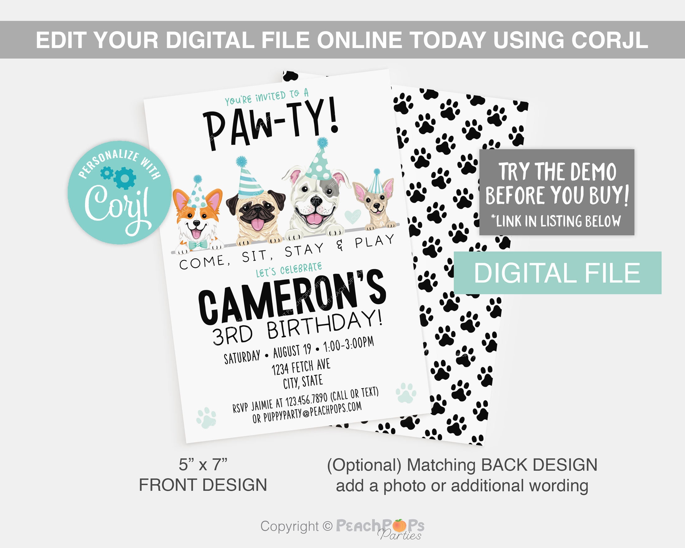 Lets Pawty Birthday Editable Puppy Dog Invitation Teal Blue Dog Party ...