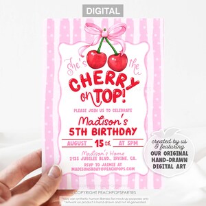 Cherry on Top Birthday Invitation EDITABLE Party Invite Pink Bow Cherries Coquette 5x7 DIGITAL Printable CH422 image 2