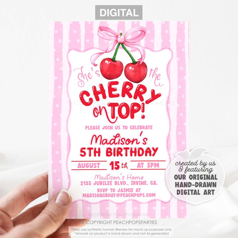 Cherry on Top Birthday Invitation EDITABLE Party Invite Pink Bow Cherries Coquette 5x7 DIGITAL Printable CH422 image 2