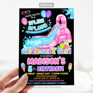 Editable Water Slide Birthday Splash Party Invitation PINK Any Age Waterslide Pool Party Bash DIGITAL Printable Corjl 5x7 Invite WS322