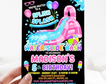 Water Slide Birthday Party Invitation EDITABLE Pink Waterslide Pool Bash DIGITAL 5x7 Invite WS322