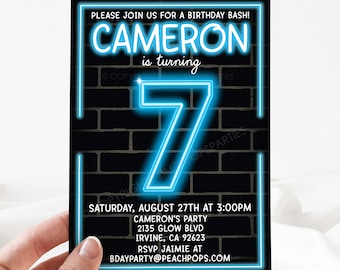 Editable Birthday Bash Neon Party Invitation - 7th - ANY Age - Glow Party - BLUE - Boy Girl - DIGITAL Printable Invite 5”x7” - Edit today!