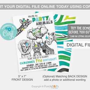 May include: Editable 5x7 inch digital invitation for a 7th birthday party with a jungle animal theme. The invitation features a black and white illustration of a giraffe, elephant, lion, rhino, and zebra. The text on the invitation reads "Calling all Party Animals" and "Please join us to celebrate Cameron's 7th Birthday!"