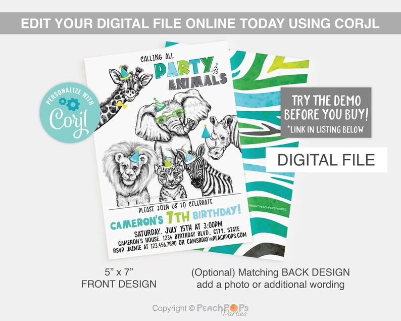 May include: Editable 5x7 inch digital invitation for a 7th birthday party with a jungle animal theme. The invitation features a black and white illustration of a giraffe, elephant, lion, rhino, and zebra. The text on the invitation reads "Calling all Party Animals" and "Please join us to celebrate Cameron's 7th Birthday!"