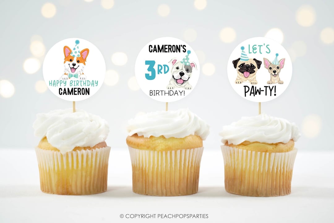 Editable Cupcake Toppers Dog Birthday Toppers Puppy Pawty Circle Topper DIGITAL Printable 2 ...