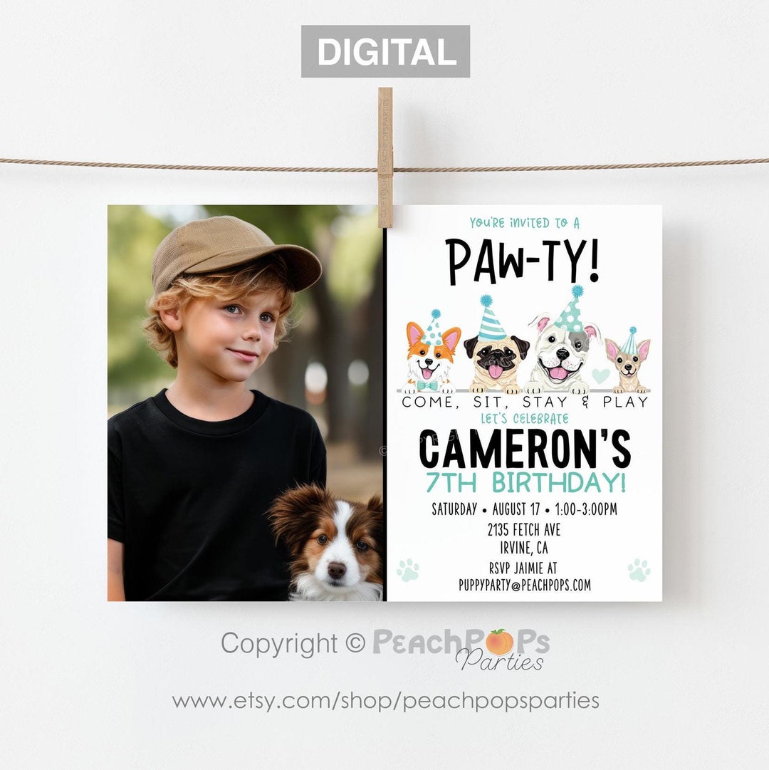Dog Birthday Pawty Invitation EDITABLE Photo Puppy Party Invite Blue ...