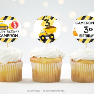 Topper per cupcake a tema costruzione, per torta di compleanno, festa con camion con cassone ribaltabile, stampabile DIGITALE, etichette circolari da 2 pollici, tondi, topper per cupcake modificabili CB76