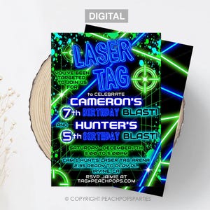 Laser Tag Birthday Invitation Neon Laser Tag Invite Glow Party Editable 2 Names Ages Green Blue Sibling DIGITAL Printable 5x7 Invite LT247