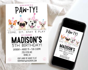 Pawty Birthday, Editable Puppy Dog Invitation, Pink, Dog Birthday, Girl, Kids, Dogs, DIGITAL Printable EDITABLE Invite 5x7 Edit Today DP124