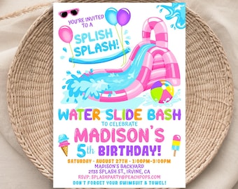 Editable Water Slide Birthday Splash Party Invitation - PINK - Any Age - Waterslide Bash - DIGITAL Printable Invite 5” x 7” Edit TODAY WS96
