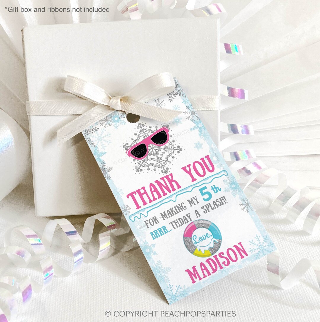 Editable Winter Pool Favor Tag, Snowflake Party Gift Tag, PINK, Glitter ...
