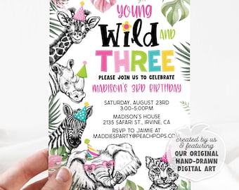 May include: A digital birthday invitation card featuring black and white illustrations of a giraffe, rhino, zebra, elephant, and leopard wearing colourful party hats. The text reads Young Wild and Three, Madison's 3rd Birthday, August 23rd.