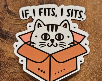 May include: A white cat with black stripes sits inside a brown box with the text "IF I FITS, I SITS."