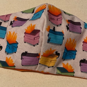 Dumpster fire face mask. Reversible double layered cotton fabric.