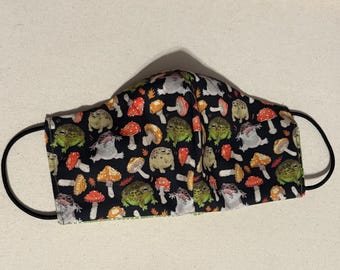 Desert rain frog and mushroom face mask. Reversible double layered cotton fabric.