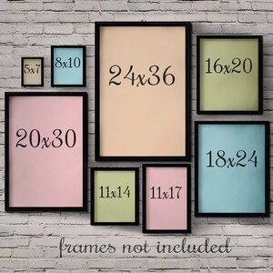 May include: A collection of eight black picture frames with different colored backgrounds and sizes, including 5x7, 8x10, 11x14, 11x17, 16x20, 18x24, 20x30, and 24x36 inches. The frames are arranged on a white brick wall. The text "frames not included" is written below the frames.