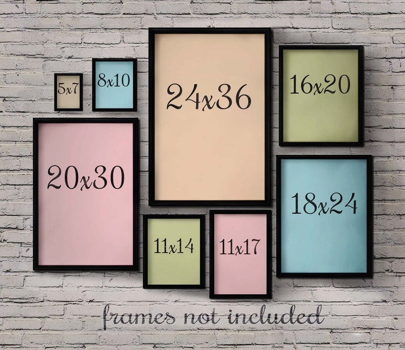 May include: A collection of eight black picture frames with different colored backgrounds and sizes, including 5x7, 8x10, 11x14, 11x17, 16x20, 18x24, 20x30, and 24x36 inches. The frames are arranged on a white brick wall. The text "frames not included" is written below the frames.