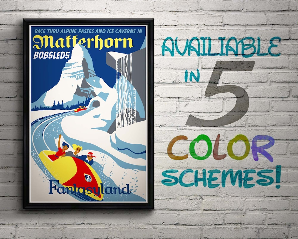 Snorider Design Vintage Disneyland Matterhorn Attraction Poster, Disney, Fantasyland, Nursery, Kids Bedroom, Retro, Travel Poster, Wall Art, Bobsleds
