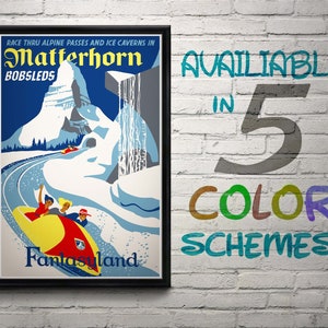 Vintage Disneyland Matterhorn Attraction Poster, Disney, Fantasyland, Nursery, Kids Bedroom, Retro, Travel Poster, Wall Art, Bobsleds