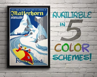 Vintage Disneyland Matterhorn Attraction Poster, Disney, Fantasyland, Nursery, Kids Bedroom, Retro, Travel Poster, Wall Art, Bobsleds