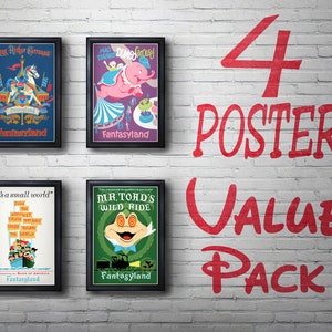 Vintage Disneyland Attraction Poster Set: King Arthur Carrousel, Dumbo, It&#39;s a Small World, and Mr. Toad&#39;s Wild Ride