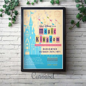 May include: A vintage-style poster for Walt Disney World's Magic Kingdom, featuring a colorful illustration of Cinderella's Castle and the text "WALT DISNEY World Magic Kingdom The Most Magical Place On Earth DEDICATED OCTOBER 25TH, 1971".