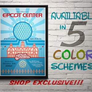 May include: A vintage-style poster for EPCOT Center at Walt Disney World. The poster features a blue and pink color scheme with a depiction of the iconic Spaceship Earth geosphere and the World Showcase. The text "EPCOT Center" is in a bold, white font. The poster is framed in black and has the text "Dedicated October 24, 1982" at the bottom.