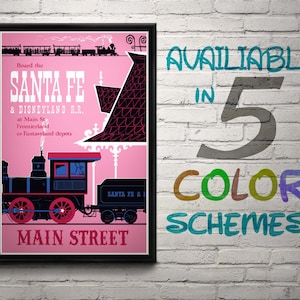 Vintage Disneyland Santa Fe Railroad Attraction Poster, Disney, Nursery, Kids Bedroom, Retro, Travel Poster, Wall Art, Main Street, Train