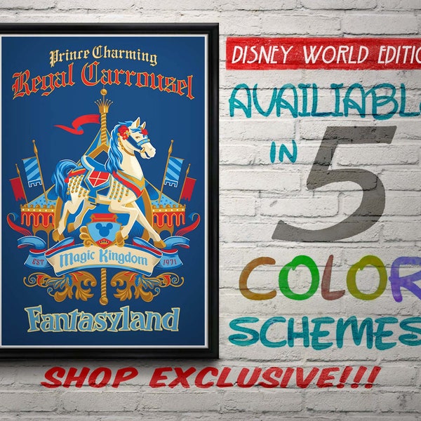Vintage Style Prince Charming Regal Carrousel Attraction Poster, Disney, Disney World, Nursery, Kids Bedroom, Retro, Travel Poster, Wall Art