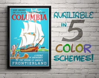 Vintage Disneyland Columbia Attraction Poster, Disney, Frontierland, Sailing Ship, Nursery, Kids Bedroom, Retro, Travel Poster, Wall Art