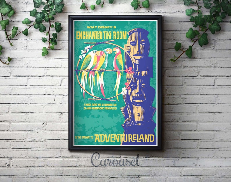 Disneyland Tiki Room Attraction Poster, Disney, Nursery, Kids Bedroom, Retro, Travel Poster, Wall Art, Adventureland, Animatronic, Birds Carousel