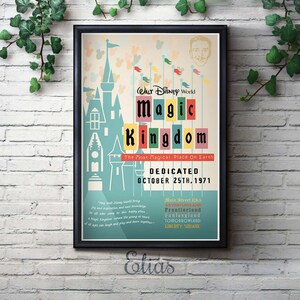 May include: A vintage-style poster for Walt Disney World's Magic Kingdom, featuring a colorful illustration of Cinderella's Castle and the text "WALT DISNEY World Magic Kingdom The Most Magical Place On Earth DEDICATED OCTOBER 25TH, 1971". The poster also lists the different lands in the park: Main Street, U.S.A., Adventureland, Frontierland, Fantasyland, Tomorrowland, and Liberty Square.