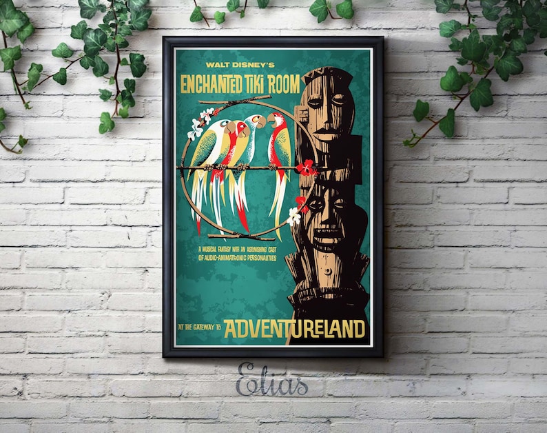 Disneyland Tiki Room Attraction Poster, Disney, Nursery, Kids Bedroom, Retro, Travel Poster, Wall Art, Adventureland, Animatronic, Birds Elias