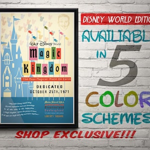 May include: A vintage-style poster advertising Walt Disney World's Magic Kingdom. The poster features a blue and white illustration of Cinderella's Castle with the text "Walt Disney World Magic Kingdom The Most Magical Place On Earth DEDICATED OCTOBER 25TH, 1971". The poster also lists the different lands in the park: Main Street, U.S.A., Adventureland, Frontierland, Fantasyland, Tomorrowland, and Liberty Square.