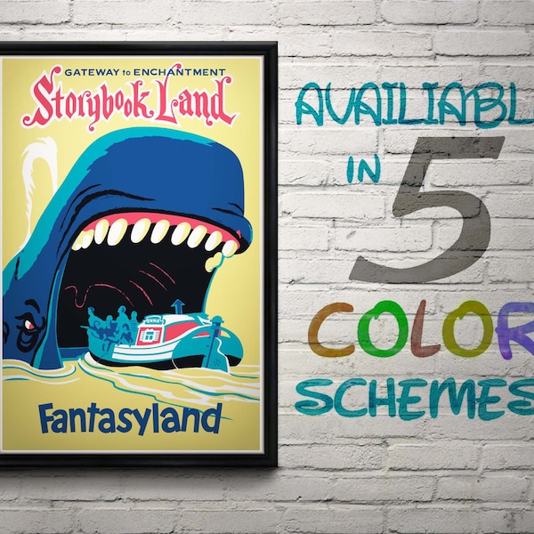 Vintage Disneyland Storybook Land Attraction Poster, Disney, Fantasyland, Nursery, Kids Bedroom, Retro, Travel Poster, Wall Art, Whale