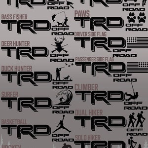 May include: A collection of 12 different styles of black "TRD Off Road" logos with various activities depicted, including fishing, golf, paws, a driver side flag, a passenger side flag, duck hunting, climbing, surfing, basketball, hockey, and hiking.