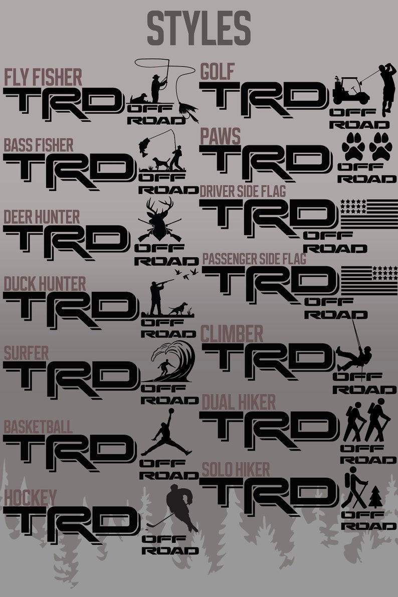May include: A collection of 12 different styles of black "TRD Off Road" logos with various activities depicted, including fishing, golf, paws, a driver side flag, a passenger side flag, duck hunting, climbing, surfing, basketball, hockey, and hiking.