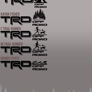 May include: A graphic design showing different styles of the word "TRO" with the words "OFF ROAD" below each style. The styles include a camping tent, a kayak, a woman running with a dog, a man running with a dog, and a coyote.