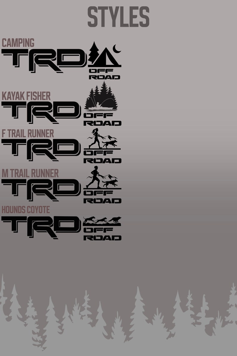 May include: A graphic design showing different styles of the word "TRO" with the words "OFF ROAD" below each style. The styles include a camping tent, a kayak, a woman running with a dog, a man running with a dog, and a coyote.