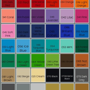 May include: A color chart with 36 different colors, including white, black, red, blue, green, yellow, orange, purple, pink, brown, grey, gold, and copper. The chart is labeled with the color name and a number code for each color. The chart is labeled with the word "ORACAL" at the bottom.