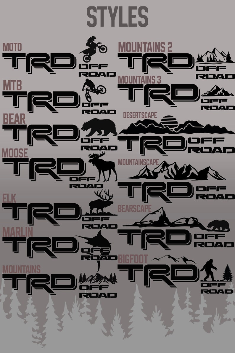 May include: A collection of black and white graphic designs featuring the text "TRO OFF ROAD" with various animal and nature-themed illustrations. The designs include a bear, moose, elk, marlin, mountains, and a bigfoot.
