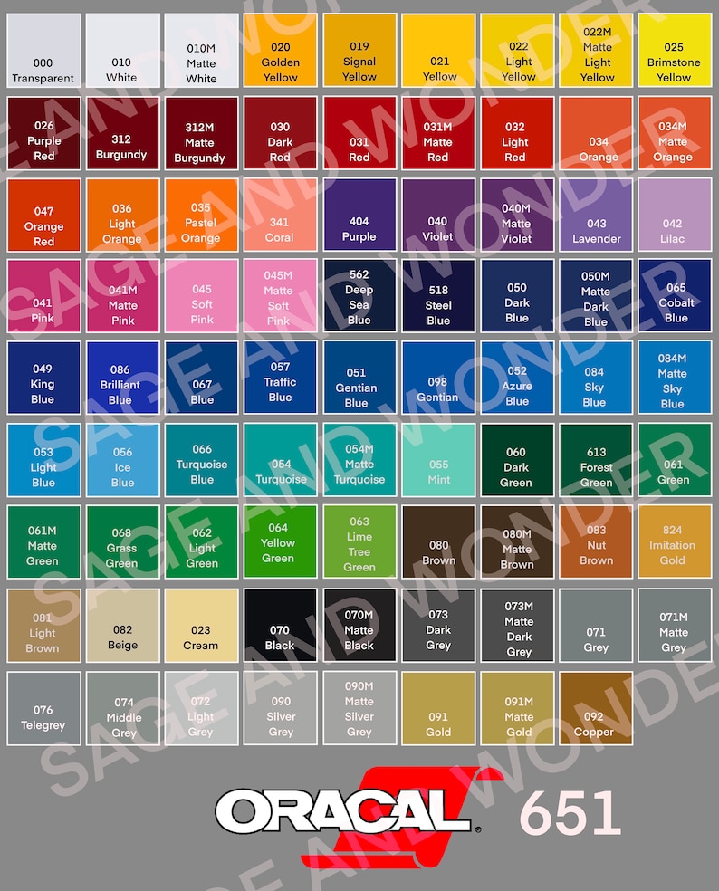 Oracal 651 Vinyl Color Chart Etsy