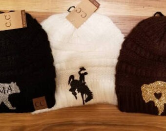 C.C custom Messy Bun and Pom Beanies