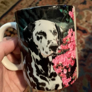 Vintage 1990&#39;s Xpres Dalmatian Mug Cup Coffee Tea Dog Puppy Spots Black White Flowers