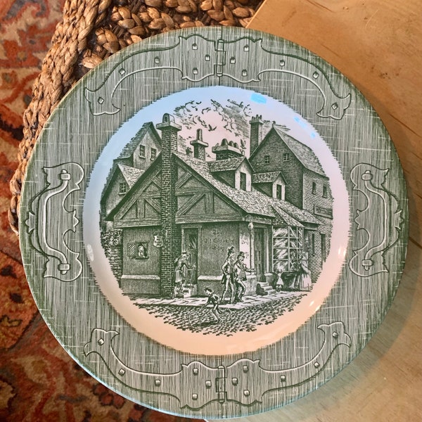 Vintage The Old Curiosity Shop Dinner Plate Royal China USA Underglaze Green and White Victorian England Scene Charles Dickens