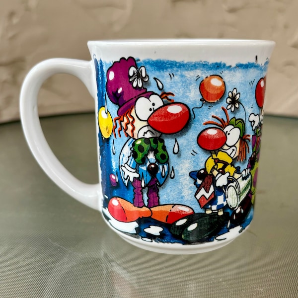 Vintage German Happy Birthday Mug Cup Clowns Balloons Alles Gute zum Geburtstag Star Bright Ceramic Coffee Tea Gift