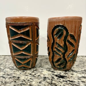 Puerto Rican Pottery Set of 2 Tumblers Terracotta Green Blue Hal Lasky Puerto Rico Planter Cup Brown 1960s MCM Vintage Santurce Sgraffito