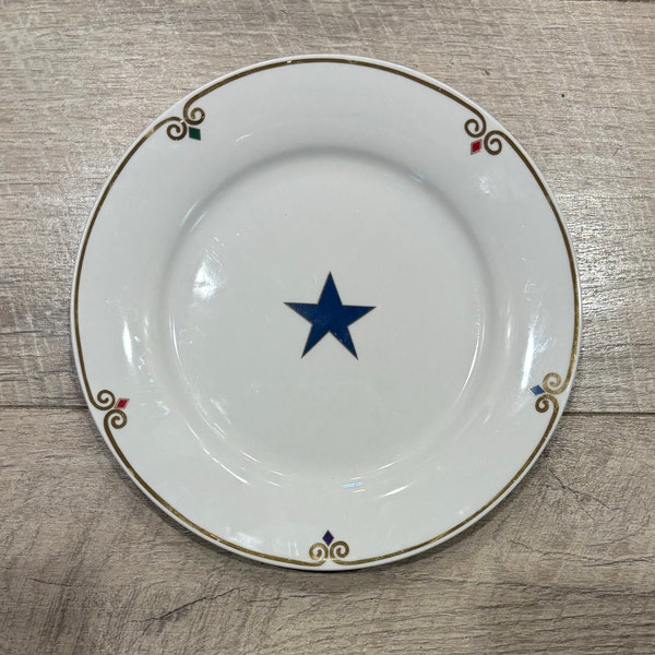 Discontinued Pier 1 Celebration Accent Salad Plate Red White Blue Star Gold Trim USA Fourth of July Porcelain America Dessert Small Dish