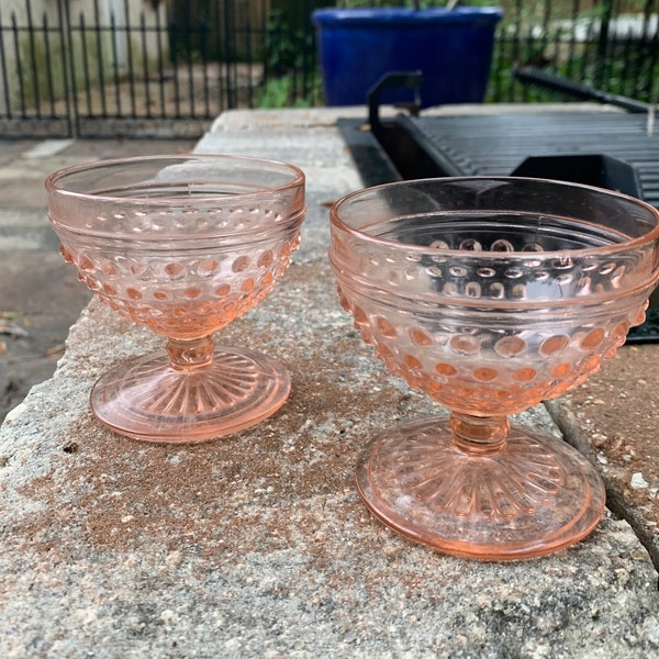 Anchor Hocking Pink Blush Hobnail Depression Glass Dessert Ice Cream Sorbet Champagne Glasses Dishes Cups Set of 2