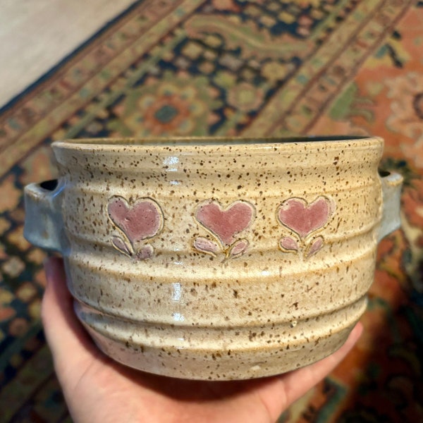 Handcrafted Pottery Stoneware Baking Serving Dish Bowl Tan and Blue with Pink Hearts Handles Farmhouse Cottage Core 1980's Gift Vintage
